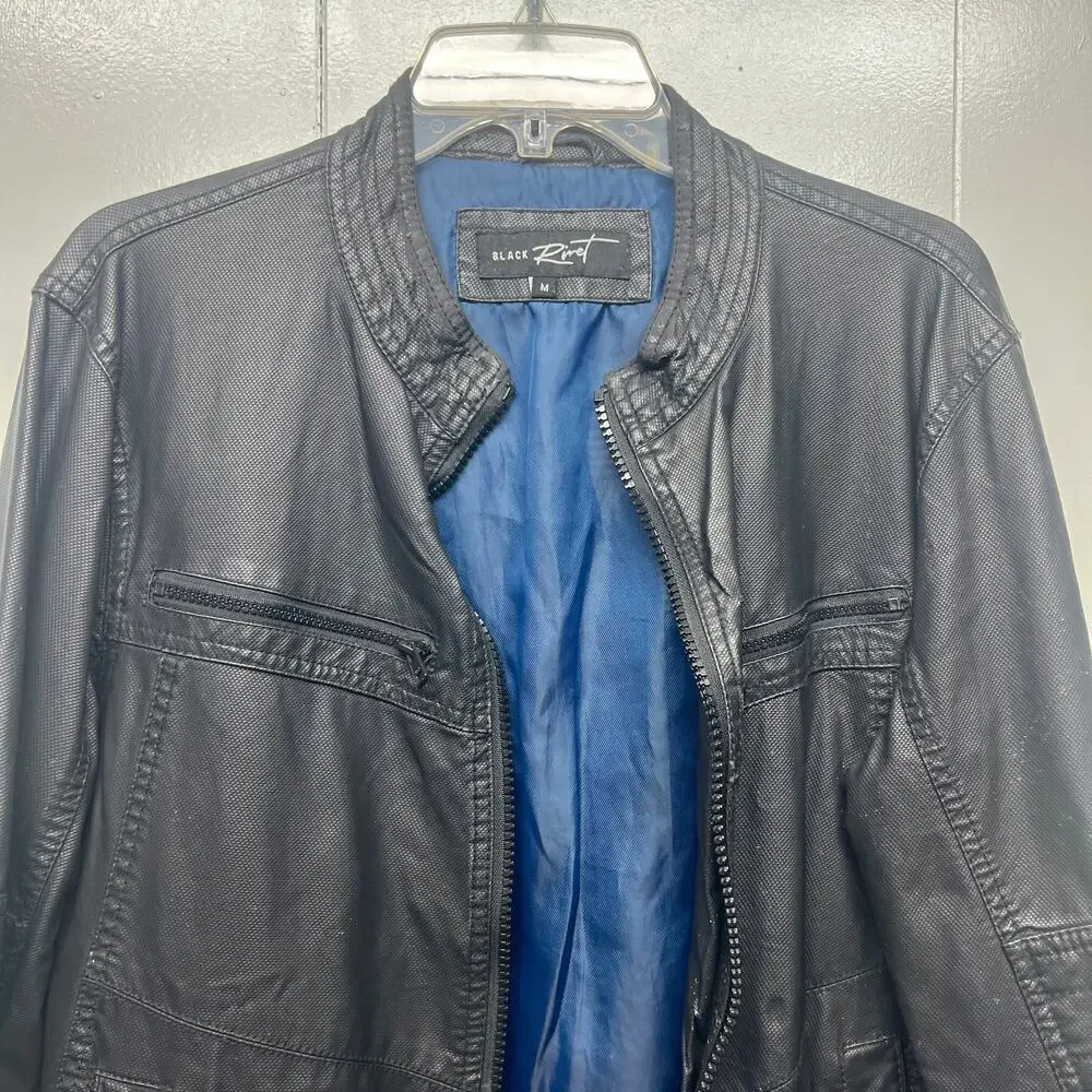 Black Rivet Black Faux Leather Men's Jacket Sz Medium Full Zip Lined Long Sleeve